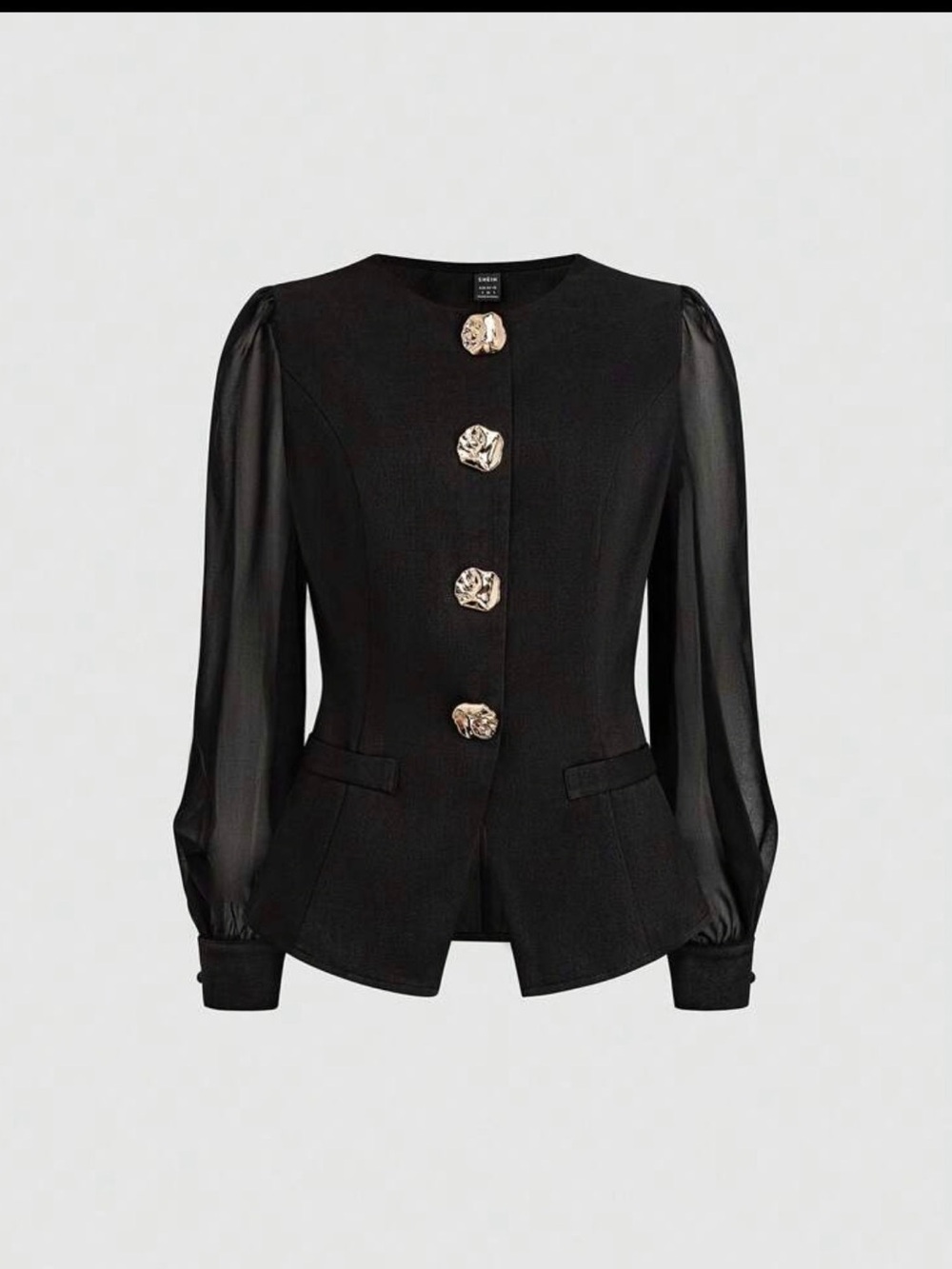 Elegant Black Button-Front Jacket with Sheer Sleeves